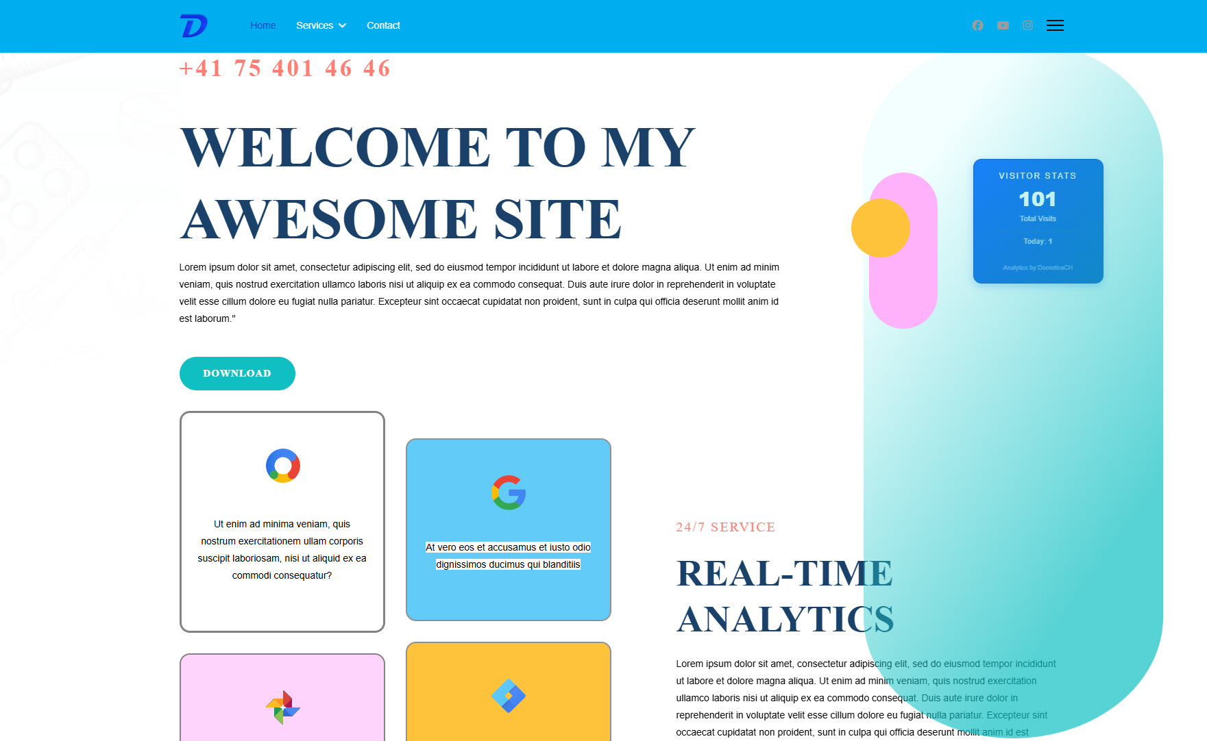 Blue custom style frontend visitor stats module on a Joomla website mockup