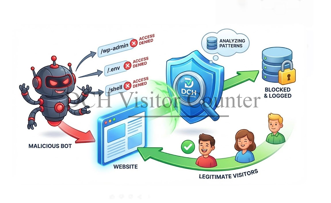 Illustration of DCH Visitor Suite blocking malicious bots and analyzing Joomla website traffic