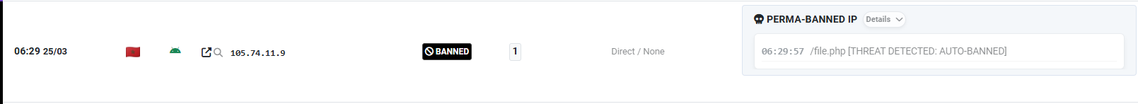 DCH Visitor Suite PRO dashboard logging an auto-banned IP attempting to access a suspicious file.php