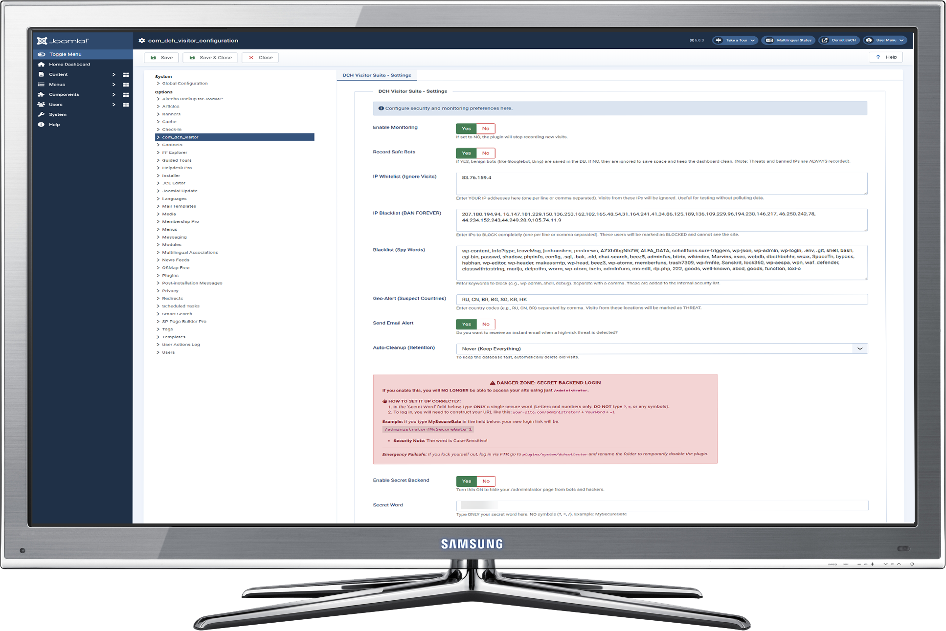 DCH Visitor Suite PRO settings panel showing advanced Joomla security features including Secret Backend Login and Smart Bot Filter